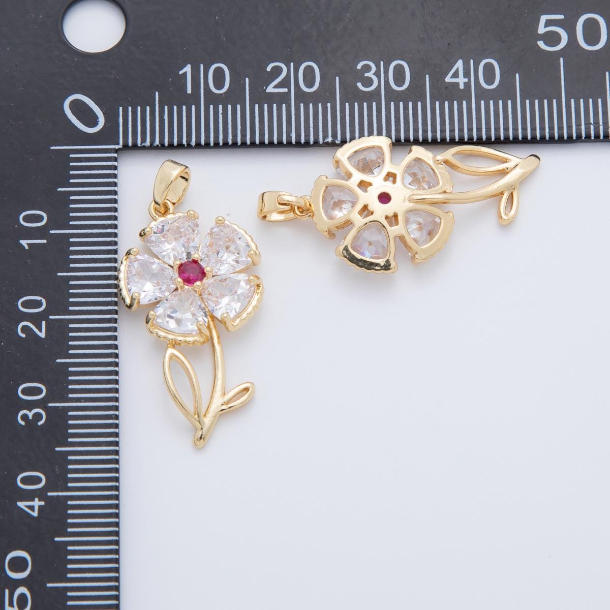 18K Gold Filled Pink, Clear CZ Flower Plant Pendant | AH778