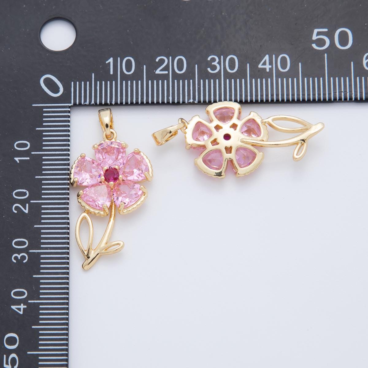 18K Gold Filled Pink, Clear CZ Flower Plant Pendant | AH778