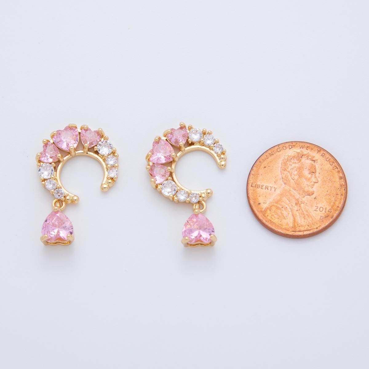 18K Gold Filled Clear Pink CZ Heart Crescent Charm | AF411