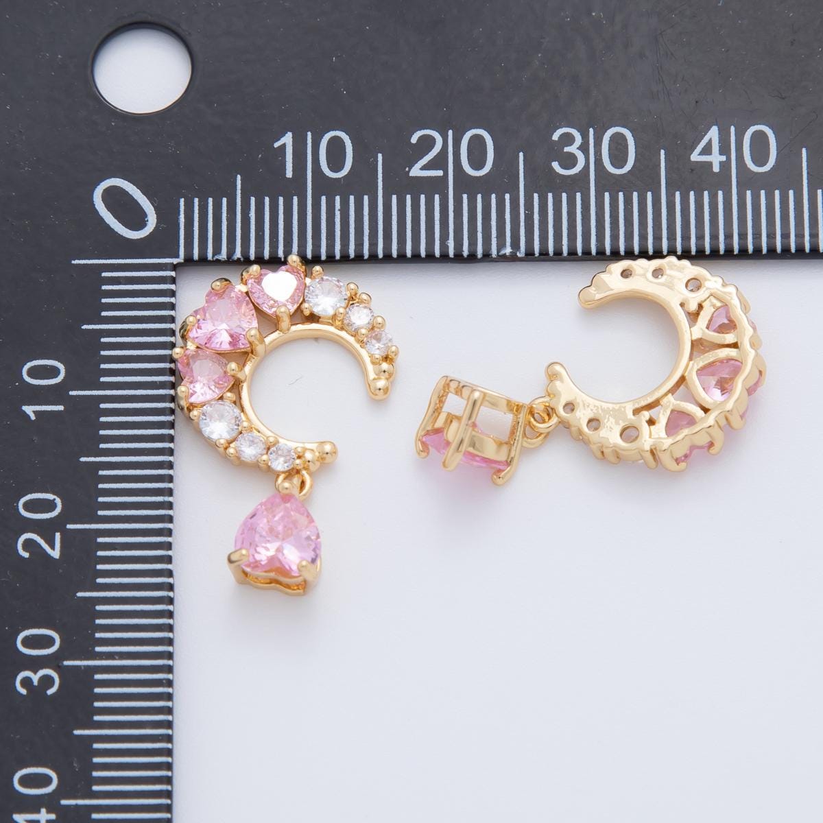 18K Gold Filled Clear Pink CZ Heart Crescent Charm | AF411