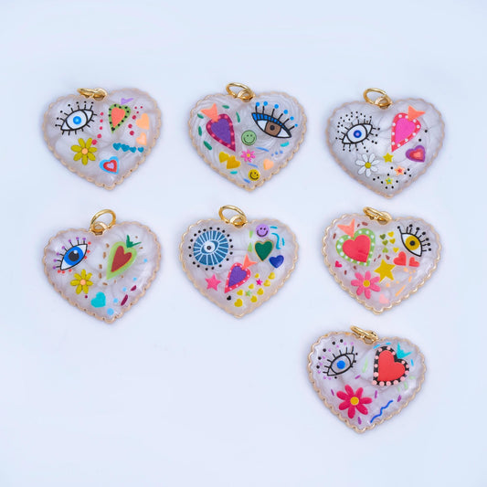 24K Gold Filled Heart Charm Graffiti Evil Eye flower charm heart Enamel pendant AJ-330
