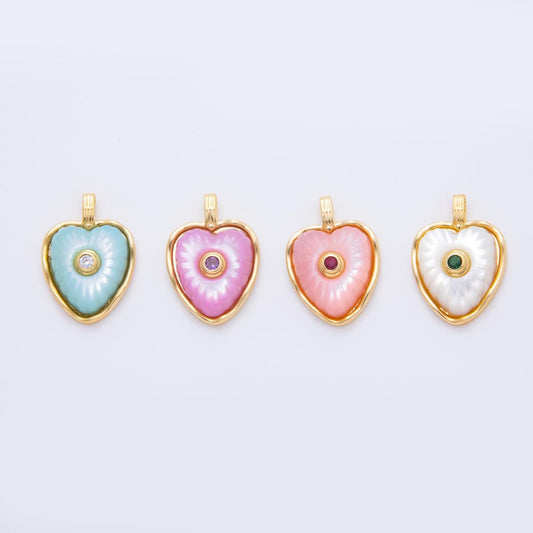 18K Gold Filled Multicolor Shell Pearl CZ Puffed Heart Pendant | ah897