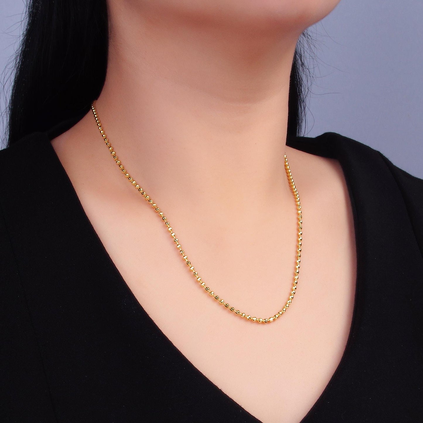 24K Gold Filled 2.5mm Faceted Bead Ball 17.5 Inch Chain Necklace | WA-3239