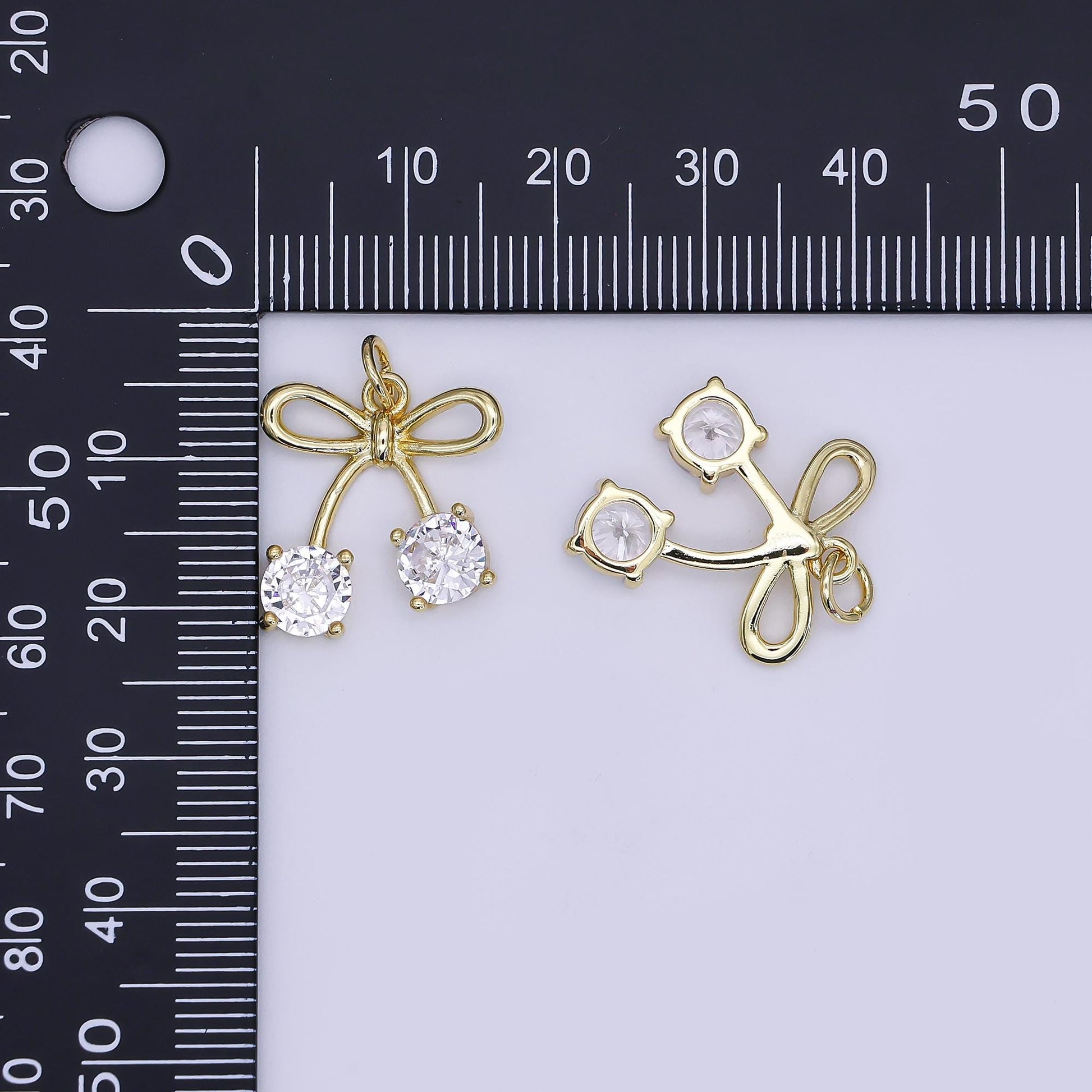 Mini CZ Pave Gold Cherry Charms Dainty 24k Gold Filled Open Bow Fruit Pendant for Bracelet Earring Necklace AJ-351