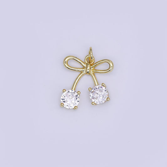 Mini CZ Pave Gold Cherry Charms Dainty 24k Gold Filled Open Bow Fruit Pendant for Bracelet Earring Necklace AJ-351