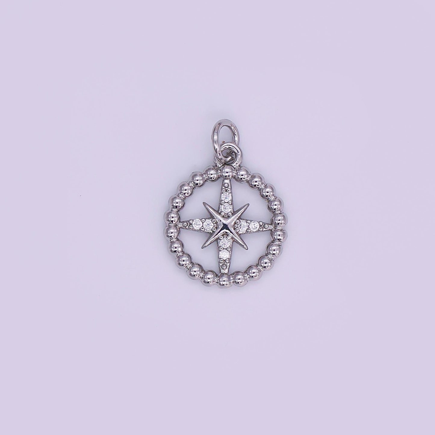 Gold & Silver Compass Star Pendant – Beaded Circle Design with Cubic Zirconia Accents AJ342