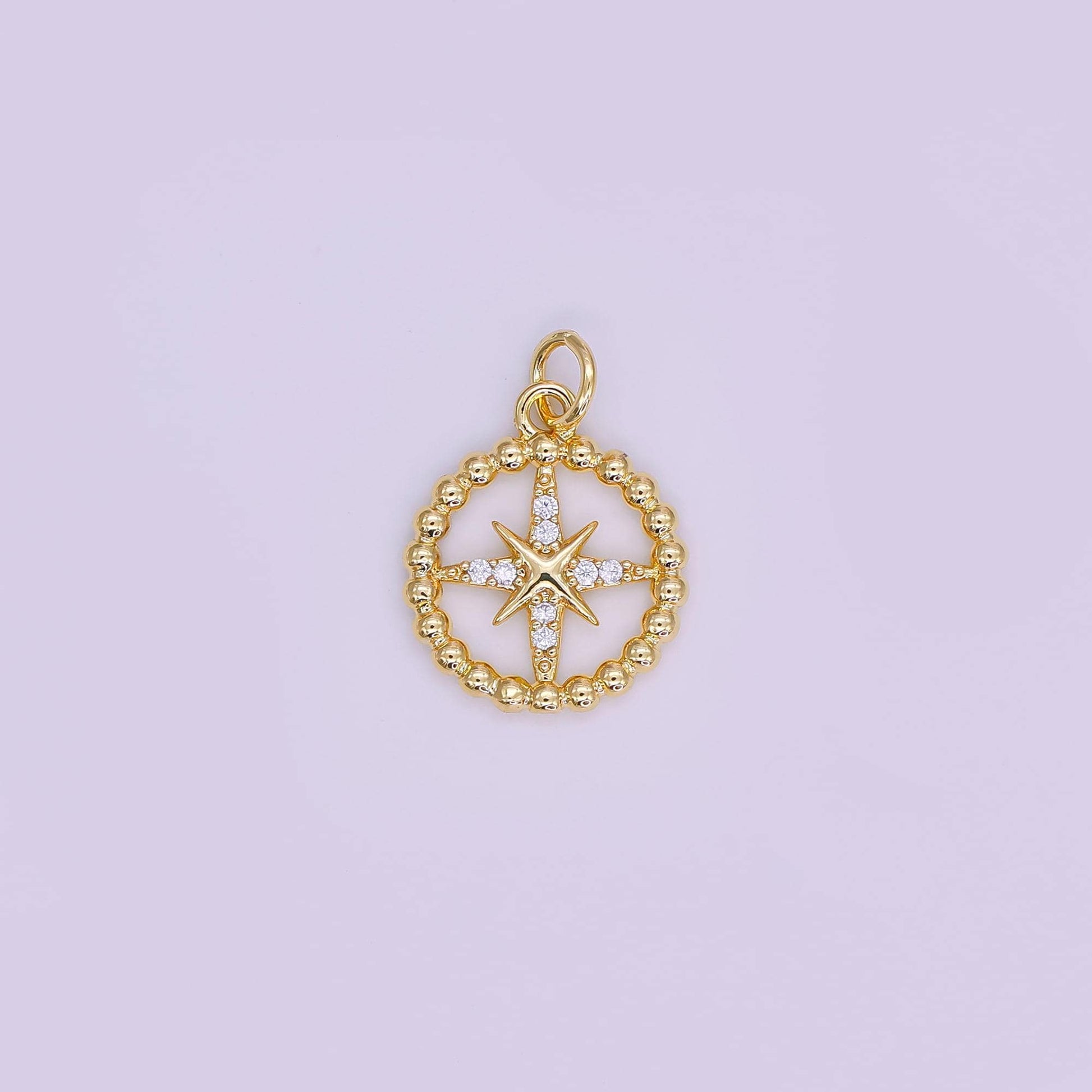 Gold & Silver Compass Star Pendant – Beaded Circle Design with Cubic Zirconia Accents AJ342