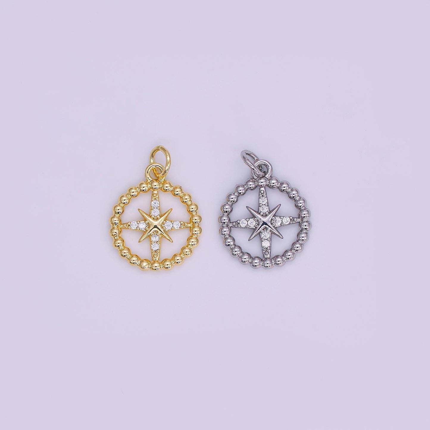Gold & Silver Compass Star Pendant – Beaded Circle Design with Cubic Zirconia Accents AJ342
