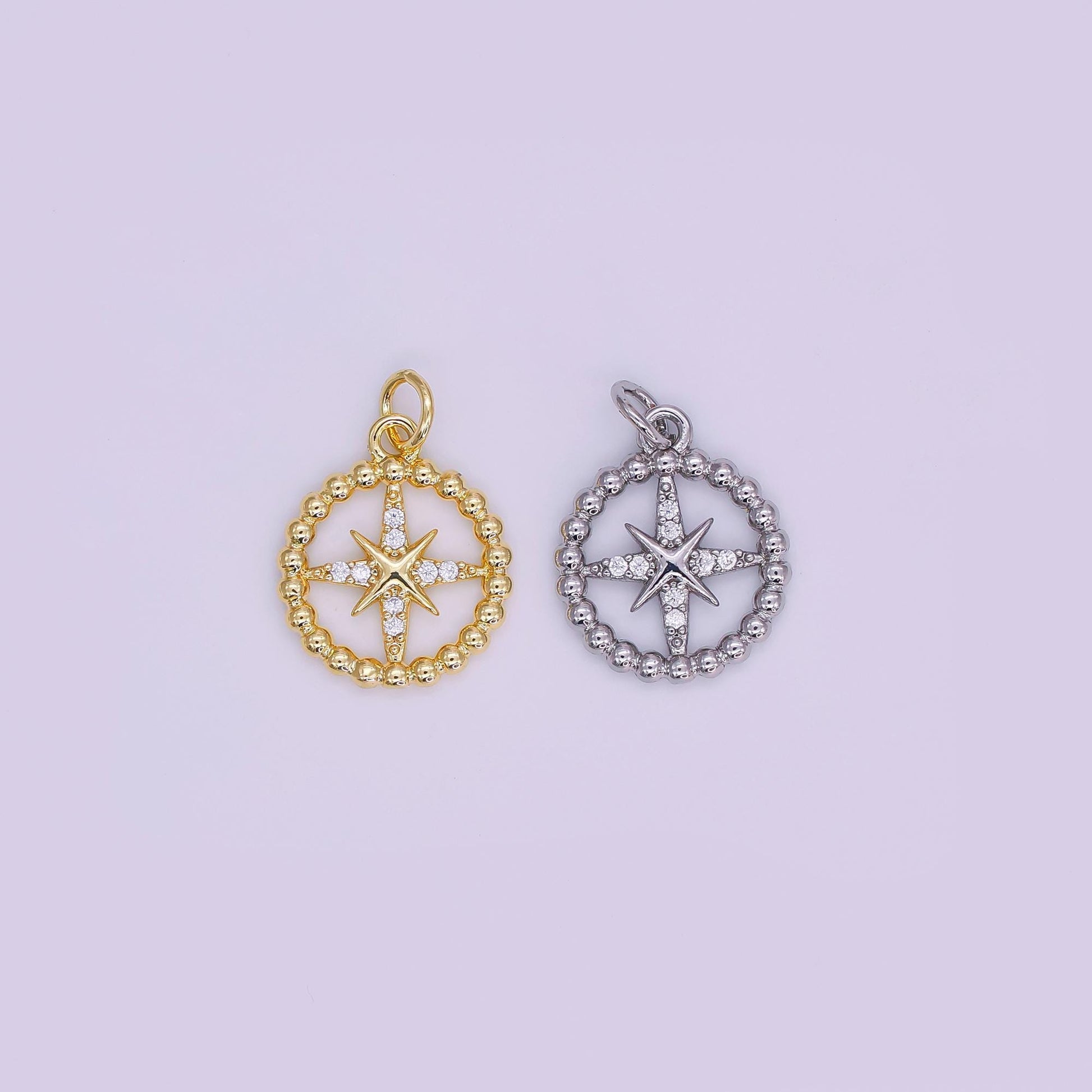 Gold & Silver Compass Star Pendant – Beaded Circle Design with Cubic Zirconia Accents AJ342