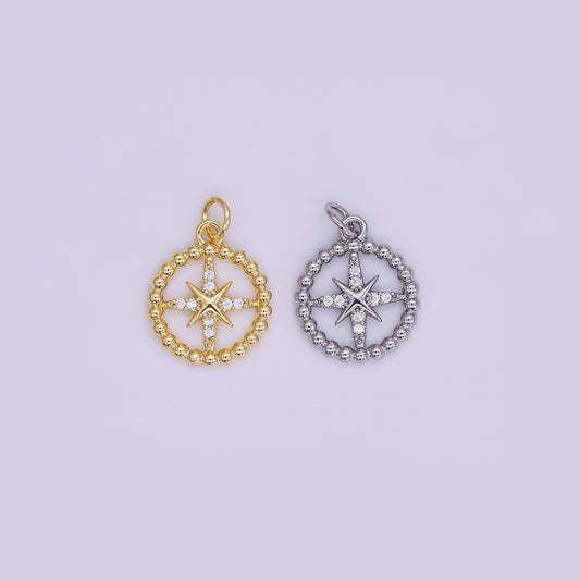 Gold & Silver Compass Star Pendant – Beaded Circle Design with Cubic Zirconia Accents AJ342