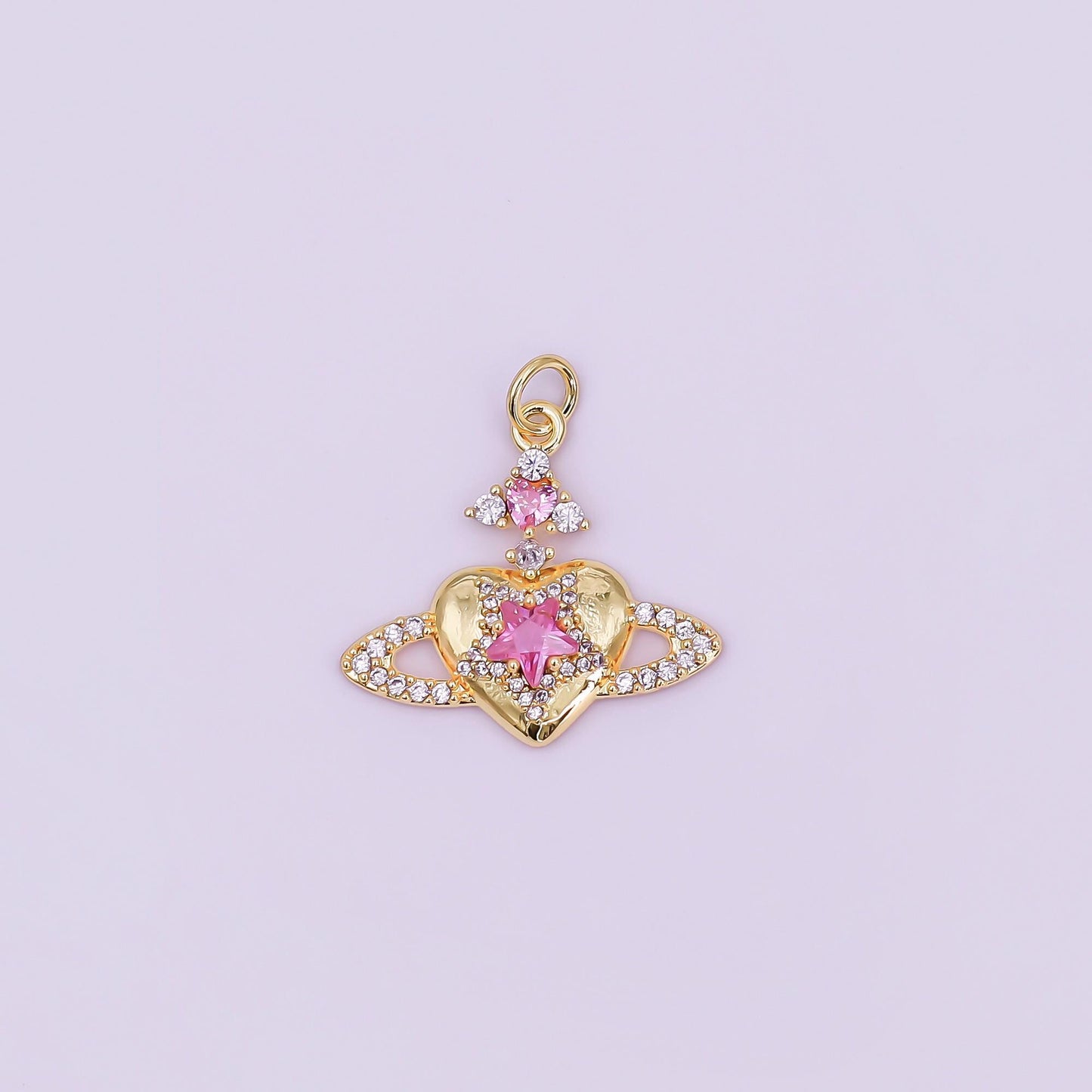 Mini CZ Pave Gold Heart Charms Dainty 24k Gold Filled Planet Heart Pendant for Bracelet Earring Necklace AJ-339