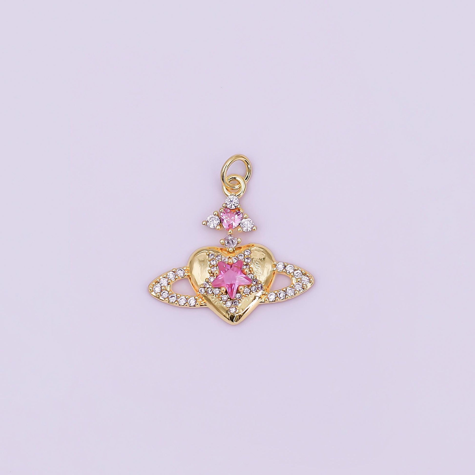 Mini CZ Pave Gold Heart Charms Dainty 24k Gold Filled Planet Heart Pendant for Bracelet Earring Necklace AJ-339