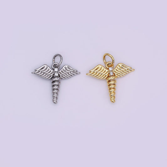 Mini Gold medicine caduceus symbol medical doctor nurse gift idea roman mercury Nurse pendant Angel Wing | AJ-347