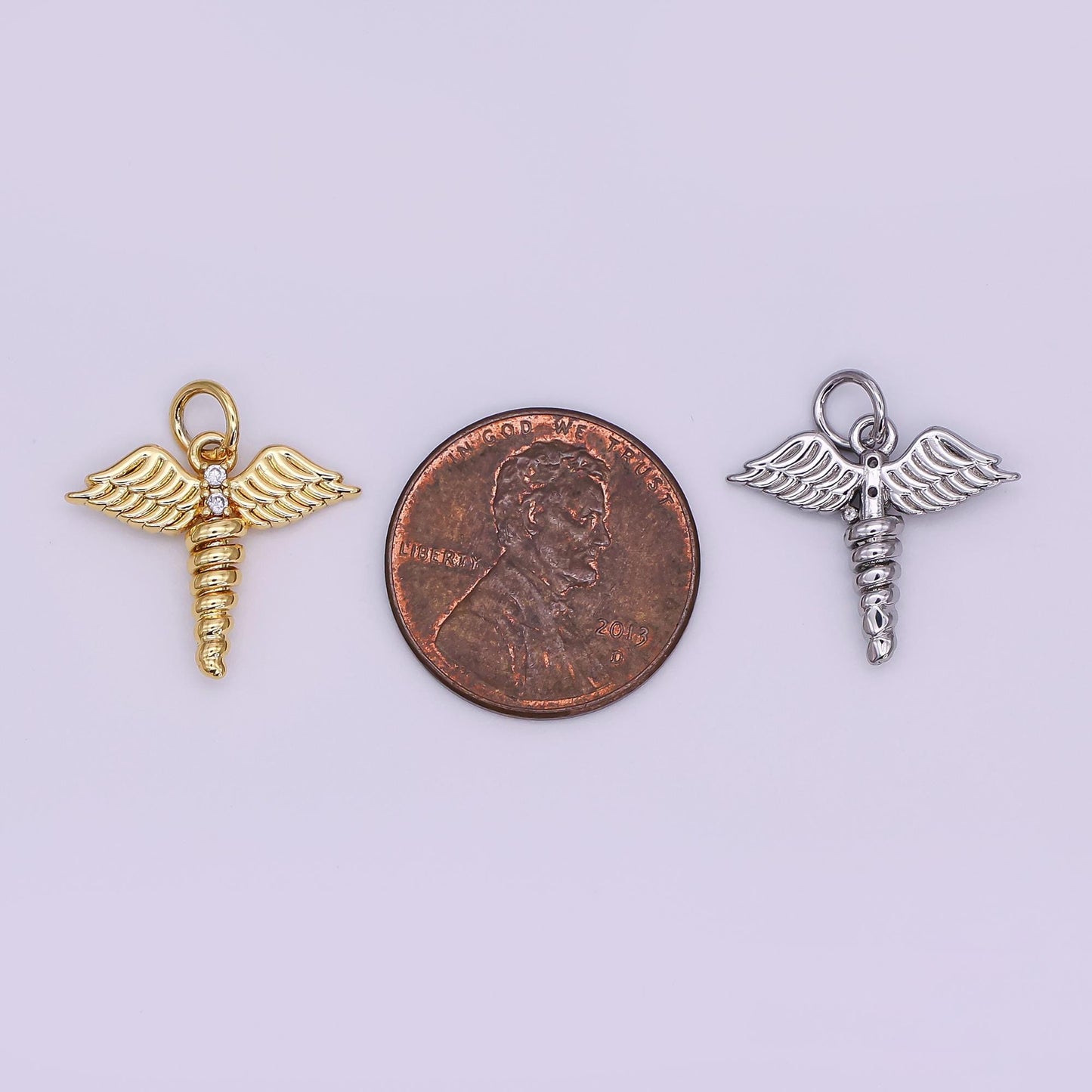 Mini Gold medicine caduceus symbol medical doctor nurse gift idea roman mercury Nurse pendant Angel Wing | AJ-347