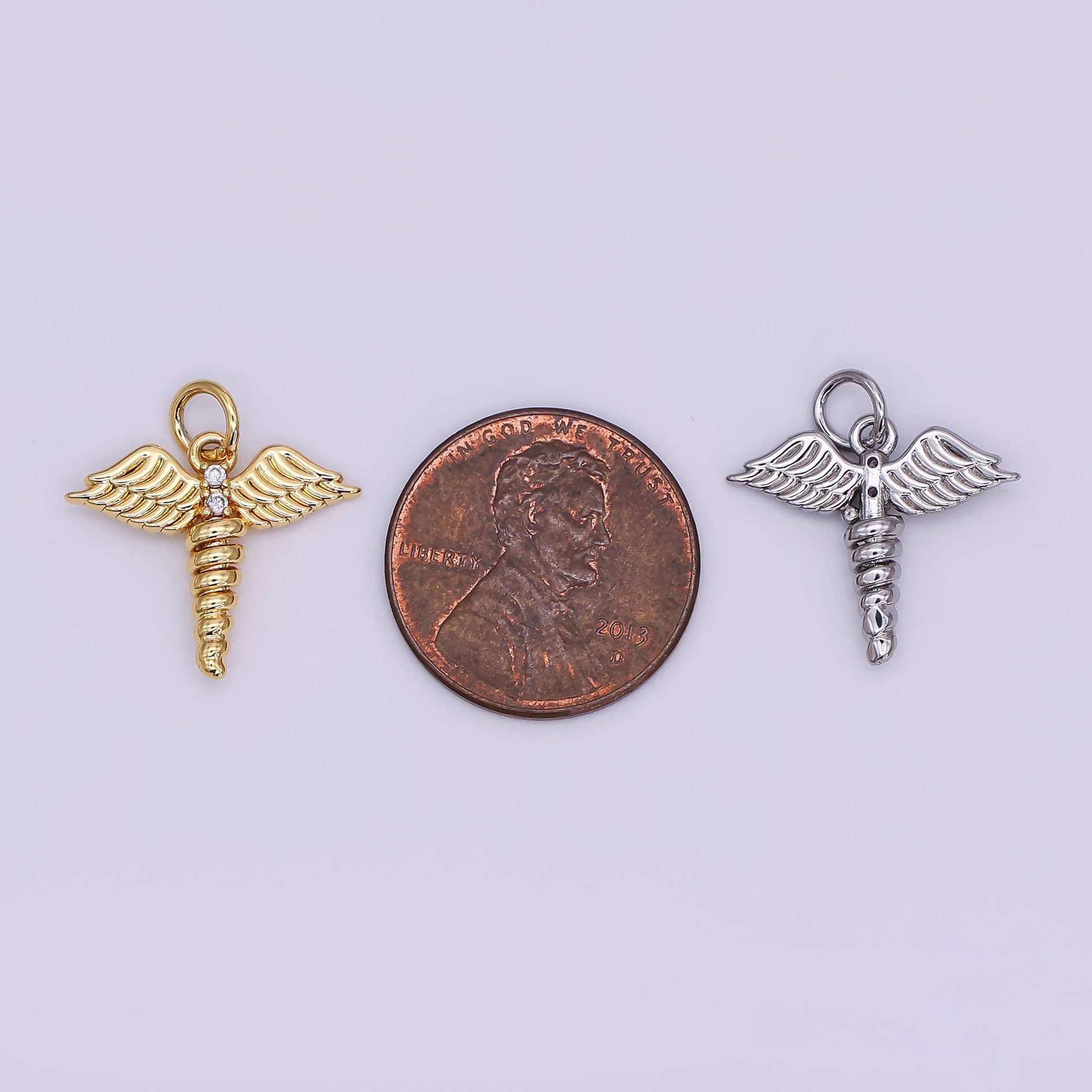 Mini Gold medicine caduceus symbol medical doctor nurse gift idea roman mercury Nurse pendant Angel Wing | AJ-347
