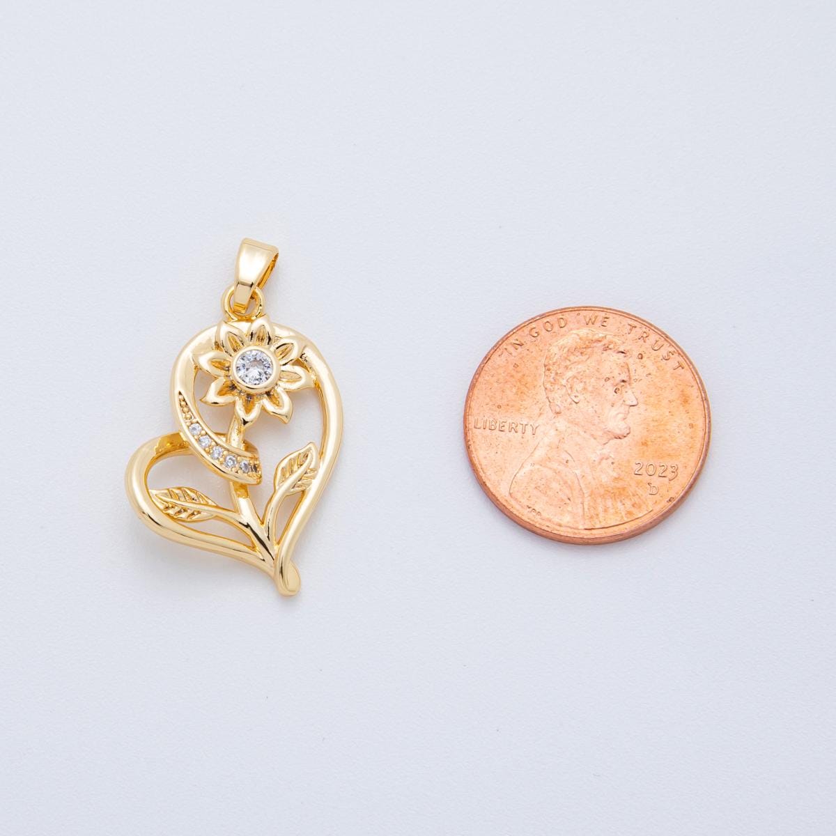 Gold Heart Flower Pendant with Cubic Zirconia – Elegant Floral Heart Necklace Charm, Romantic Jewelry Supply AH-804