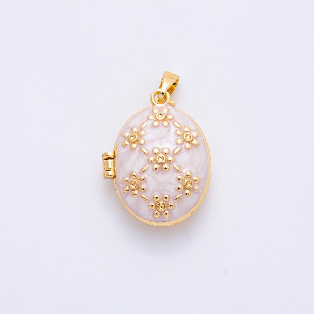 Enamel Pink White Oval Locket Pendant with Gold Floral Design – Vintage Style Keepsake Jewelry, Photo Locket Charm for Necklace AH-800