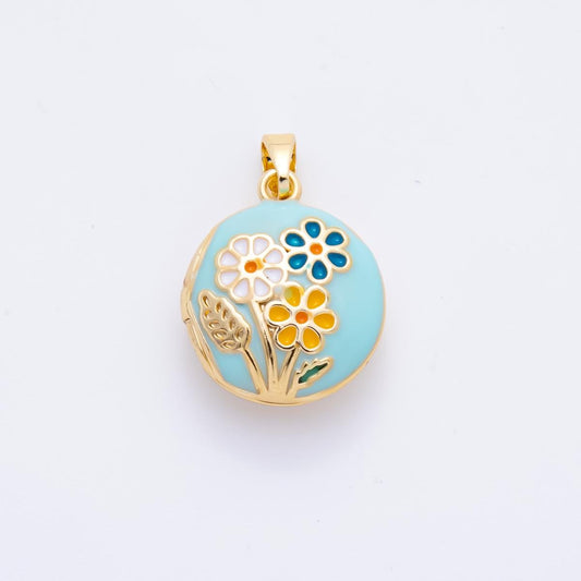 Enamel Colorful Flower Round Locket Pendant with Gold Floral Design – Vintage Style Keepsake Jewelry, Pill box Charm for Necklace AH-802