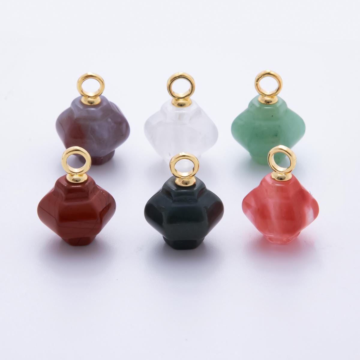 Dainty Lantern Gemstone Drop Pendant – Carved Geometric Crystal Charm with Gold Bail – Natural Stone Jewelry Making Supply AH-830