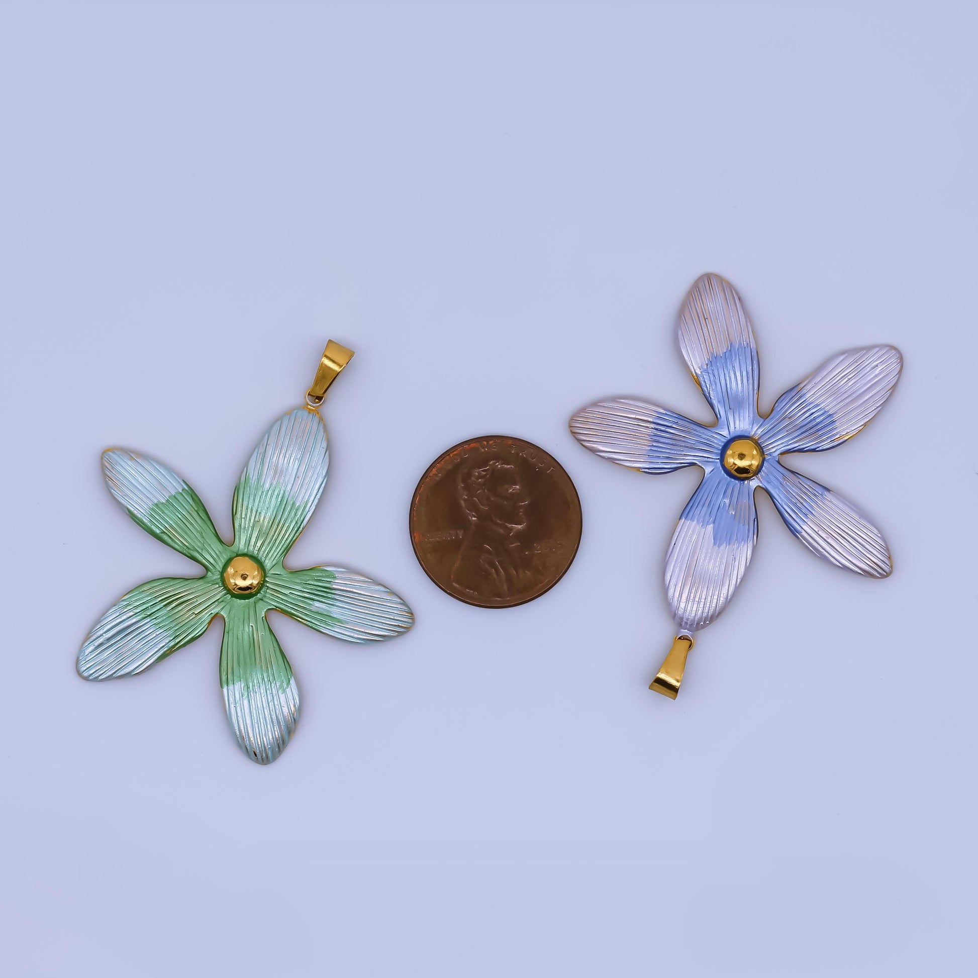 24K Gold Filled Painted Colorful Blue Green Pink Flower Plant Pendant | J-063