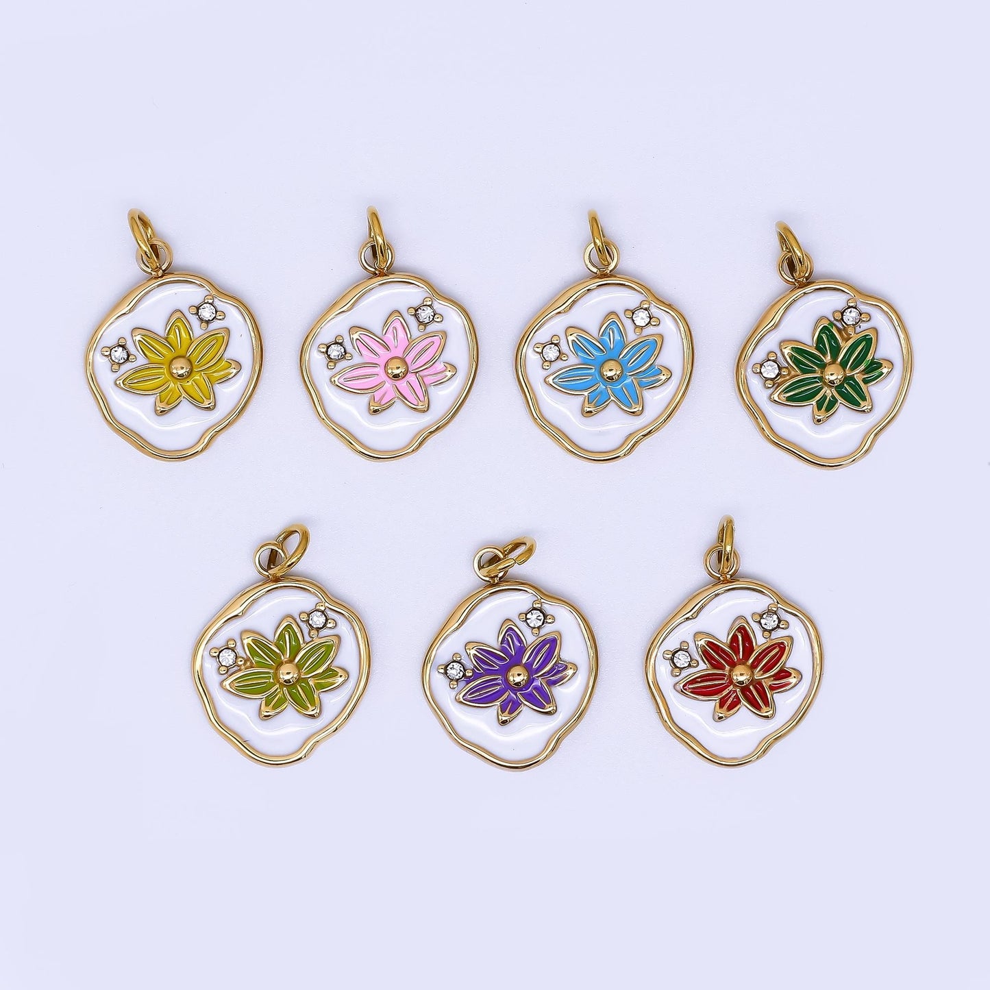 PVD Gold Lotus Charms Blue, White, Pink Enamel Flower charm Abstract Oval Charm Medallion for Necklace Bracelet J-359