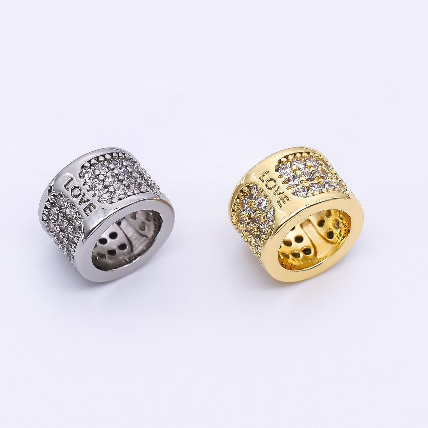 9x9mm CZ Large Hole Cylinder Drum Barrel Micro Pave Beads, Cubic Zirconia Big Hole Spacer Beads, Large Hole Spacer Love Script B-033