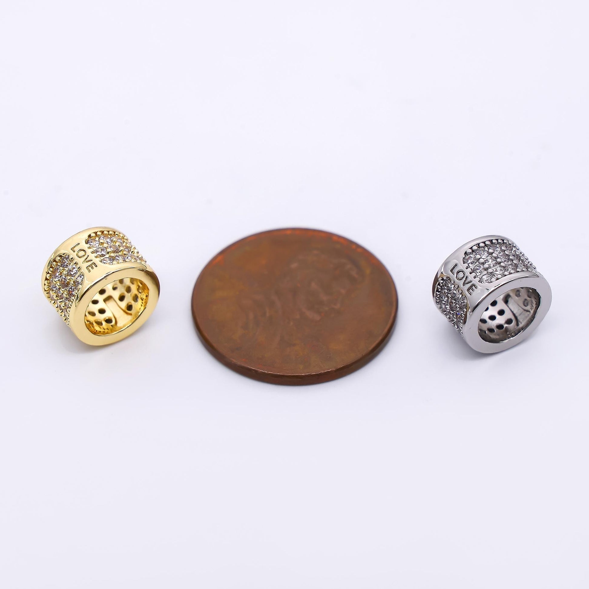 9x9mm CZ Large Hole Cylinder Drum Barrel Micro Pave Beads, Cubic Zirconia Big Hole Spacer Beads, Large Hole Spacer Love Script B-033