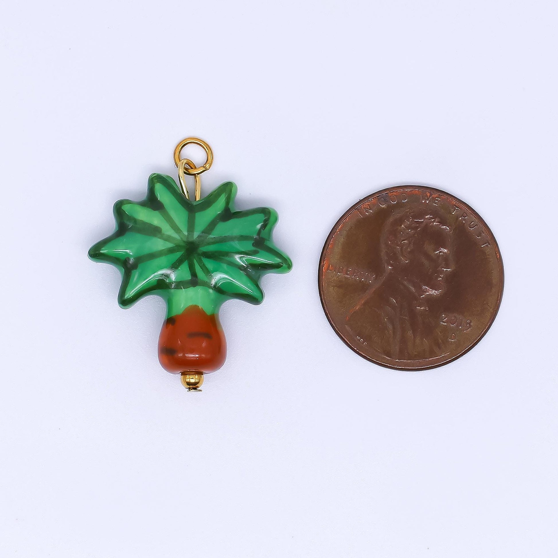 PVD Gold Filled Palm Tree Charm Green Ceramic Drop Pendant | P-630