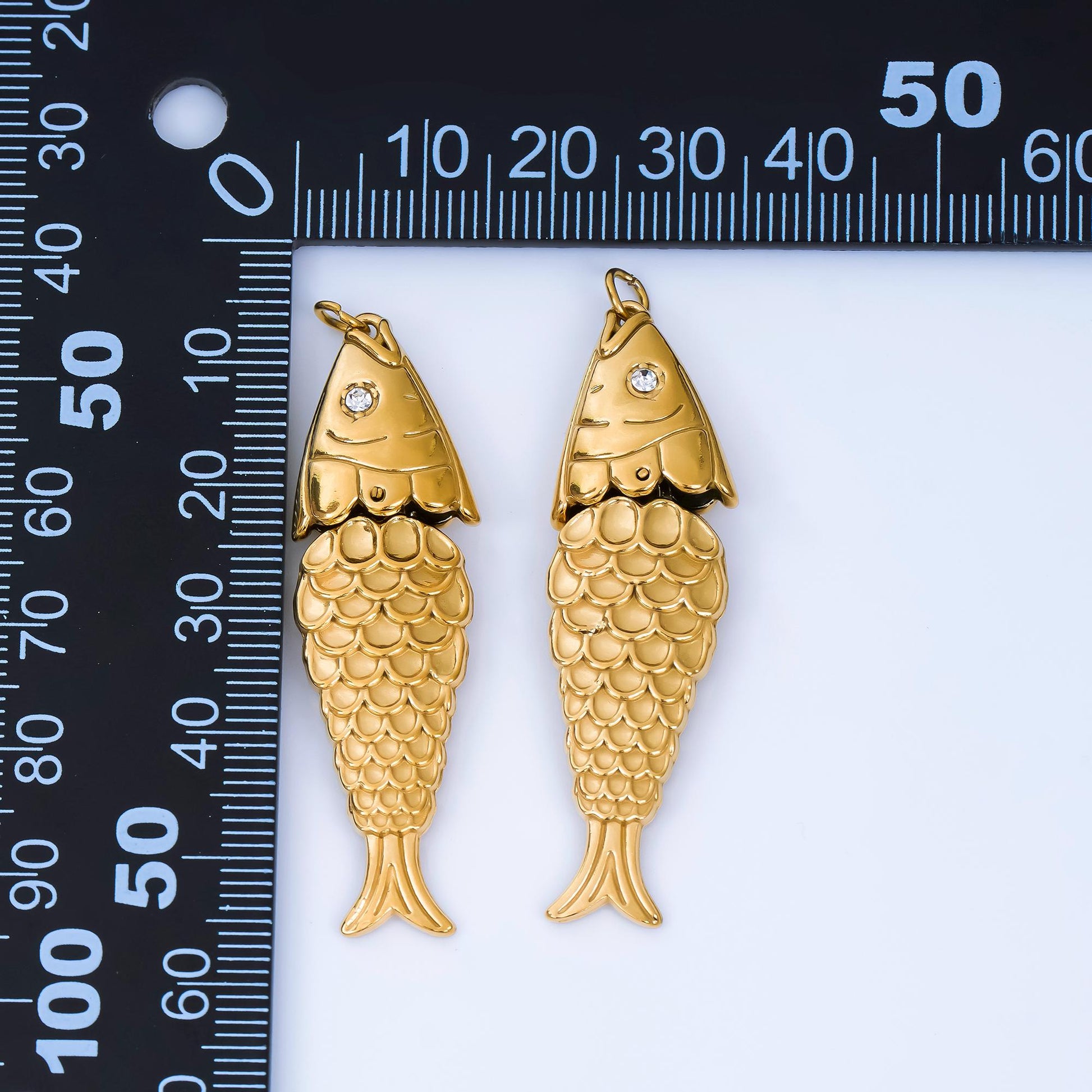 Long Stainless steel 50mm fish scale-textured minimalist charm in gold sardine fish pendant | J-198