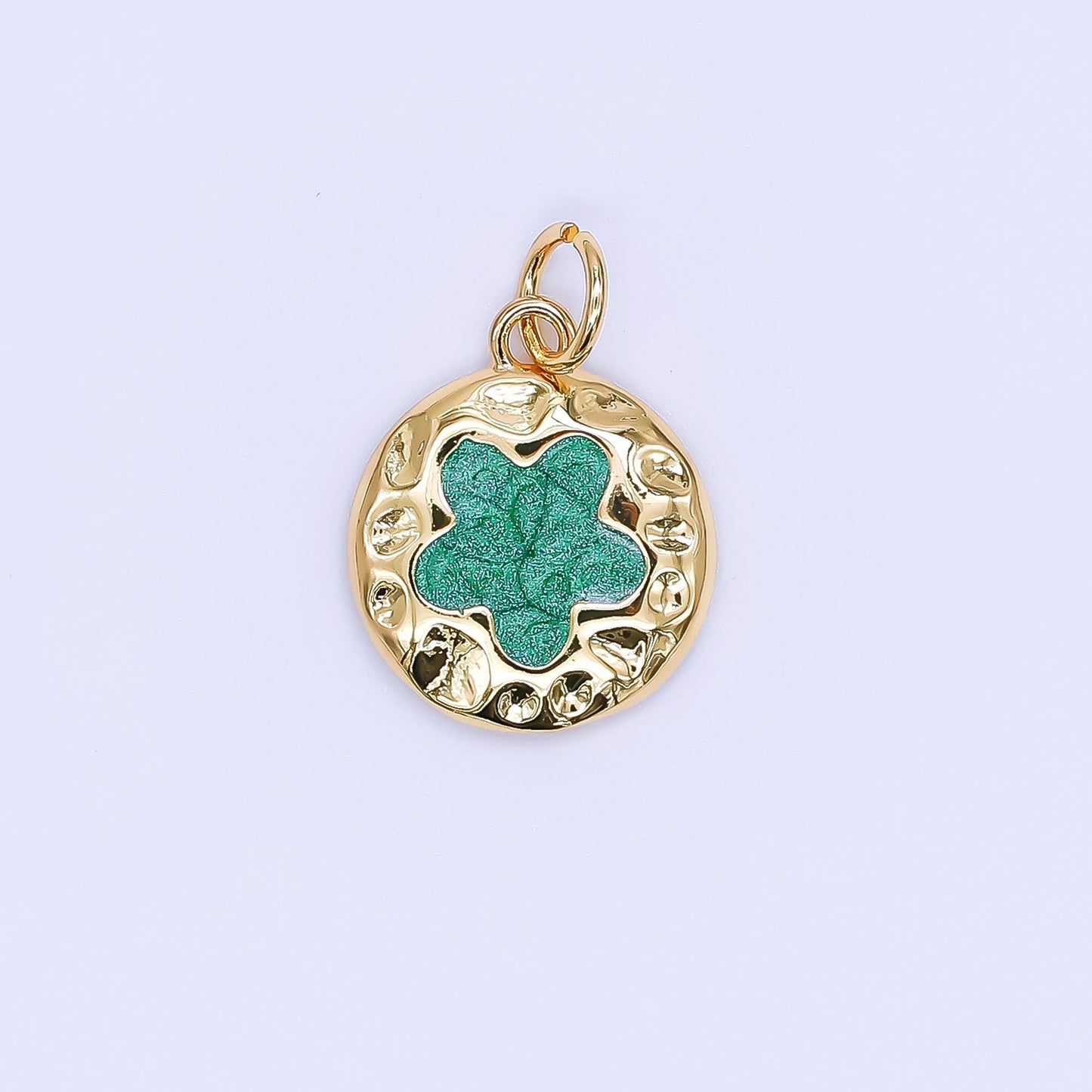 Gold Enamel Four Leaf Lucky Charm Flower Round Button Charm, 24K Gold Filled Coin Clover Florette Floral Pendant | af-533