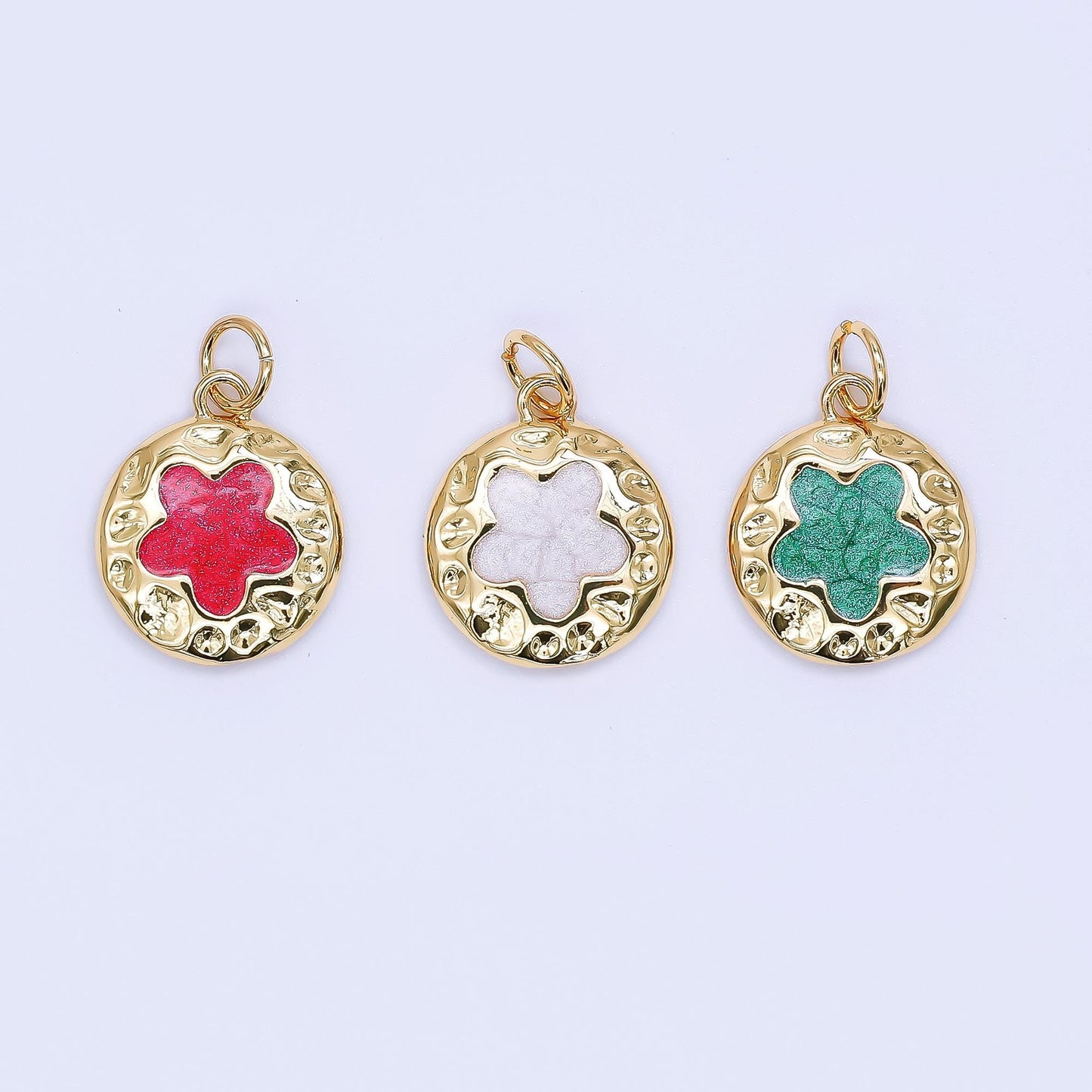 Gold Enamel Four Leaf Lucky Charm Flower Round Button Charm, 24K Gold Filled Coin Clover Florette Floral Pendant | af-533