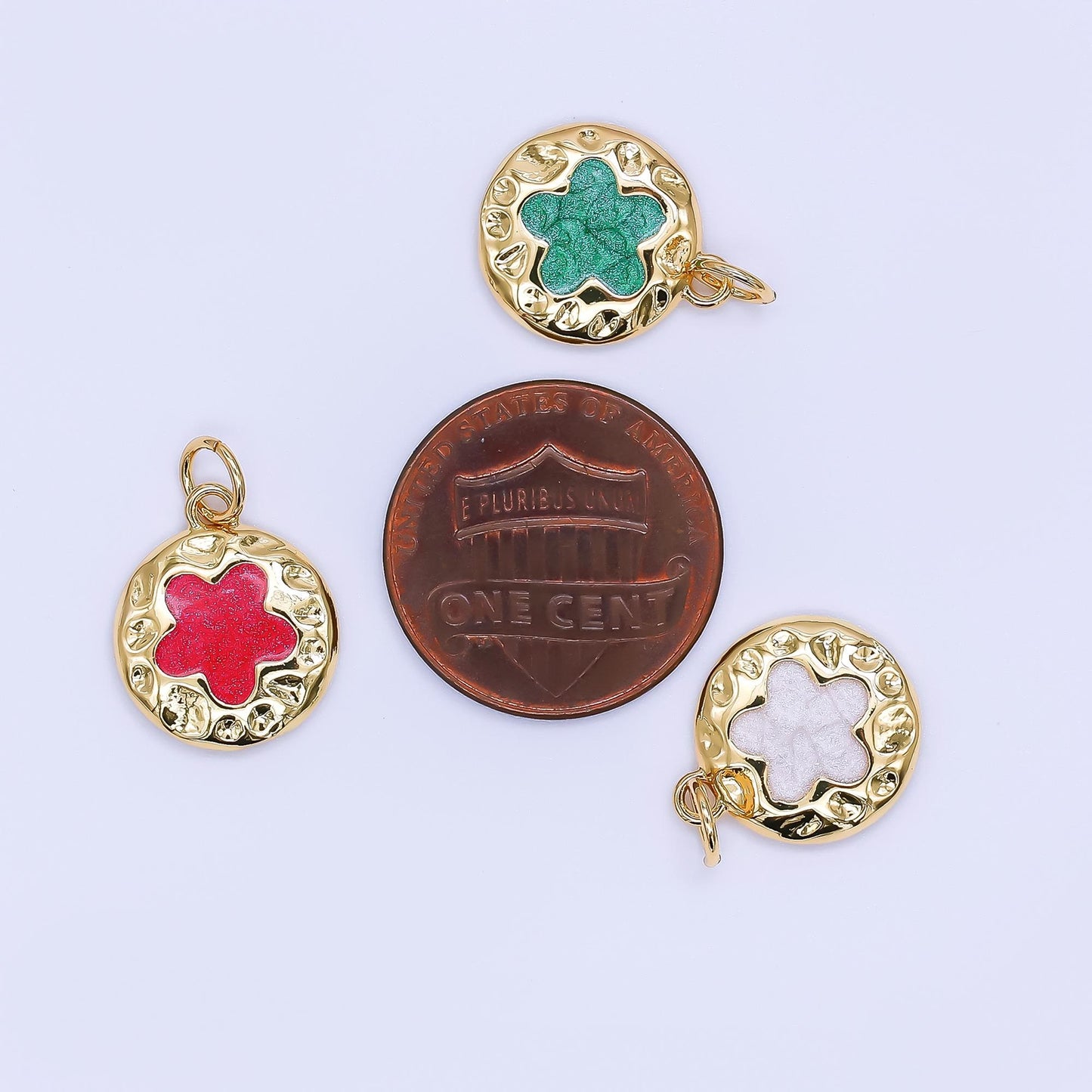 Gold Enamel Four Leaf Lucky Charm Flower Round Button Charm, 24K Gold Filled Coin Clover Florette Floral Pendant | af-533