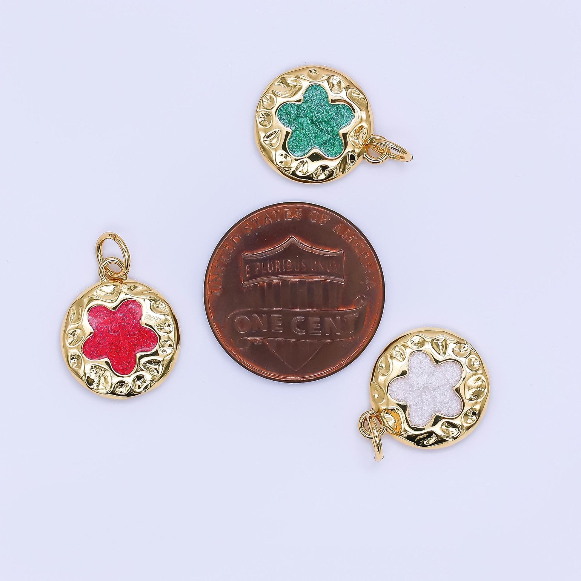 Gold Enamel Four Leaf Lucky Charm Flower Round Button Charm, 24K Gold Filled Coin Clover Florette Floral Pendant | af-533