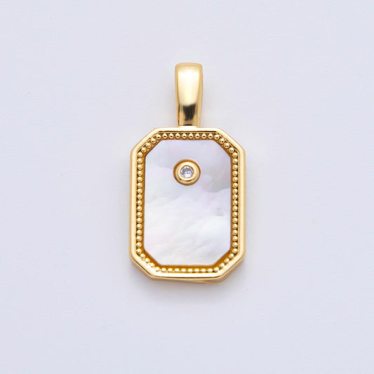 18k gold filled 20.5mm shell pearl Tag Charm Bezle Pendant for Minimalist Jewelry | AF-1115