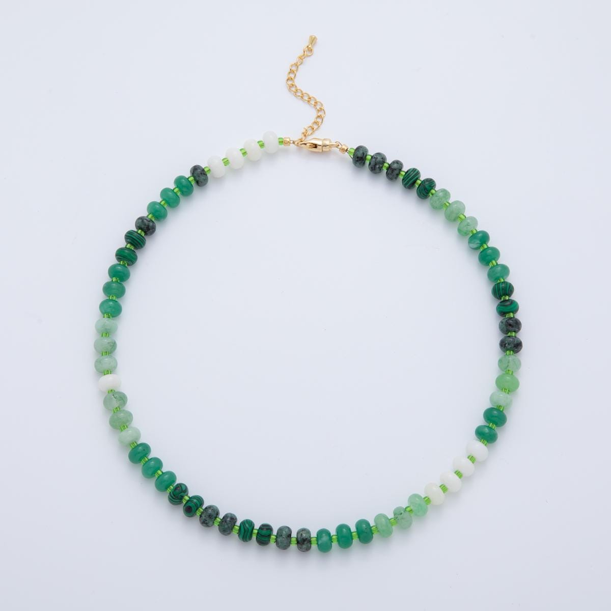 Handcrafted 8mm Green Dyed Agate Beaded Necklaces Gradient Rondelle Beads with 18k Gold Filled Clasp Necklace 17.7" with 2" Extender WA-3308