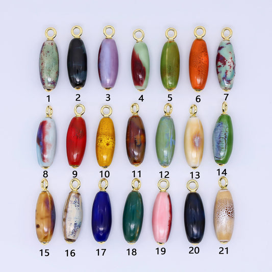 Colorful Ceramic Oval Charms Glossy Glazed Beads with 18K Gold Filled Loop for DIY Jewelry, Necklace, Bracelet, or Earring Making M219