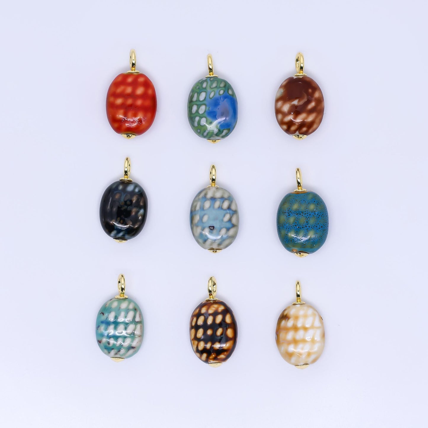 Colorful Ceramic Oval Charms Glossy Glazed Egg Beads with 18K Gold Filled Loop for DIY Jewelry, Necklace, Bracelet, or Earring Making M-215