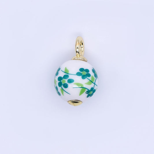 Dainty round ceramic charm handmade Green Flower Clover painting porcelain vintage charm for necklace bracelet jewelry making supply D-064