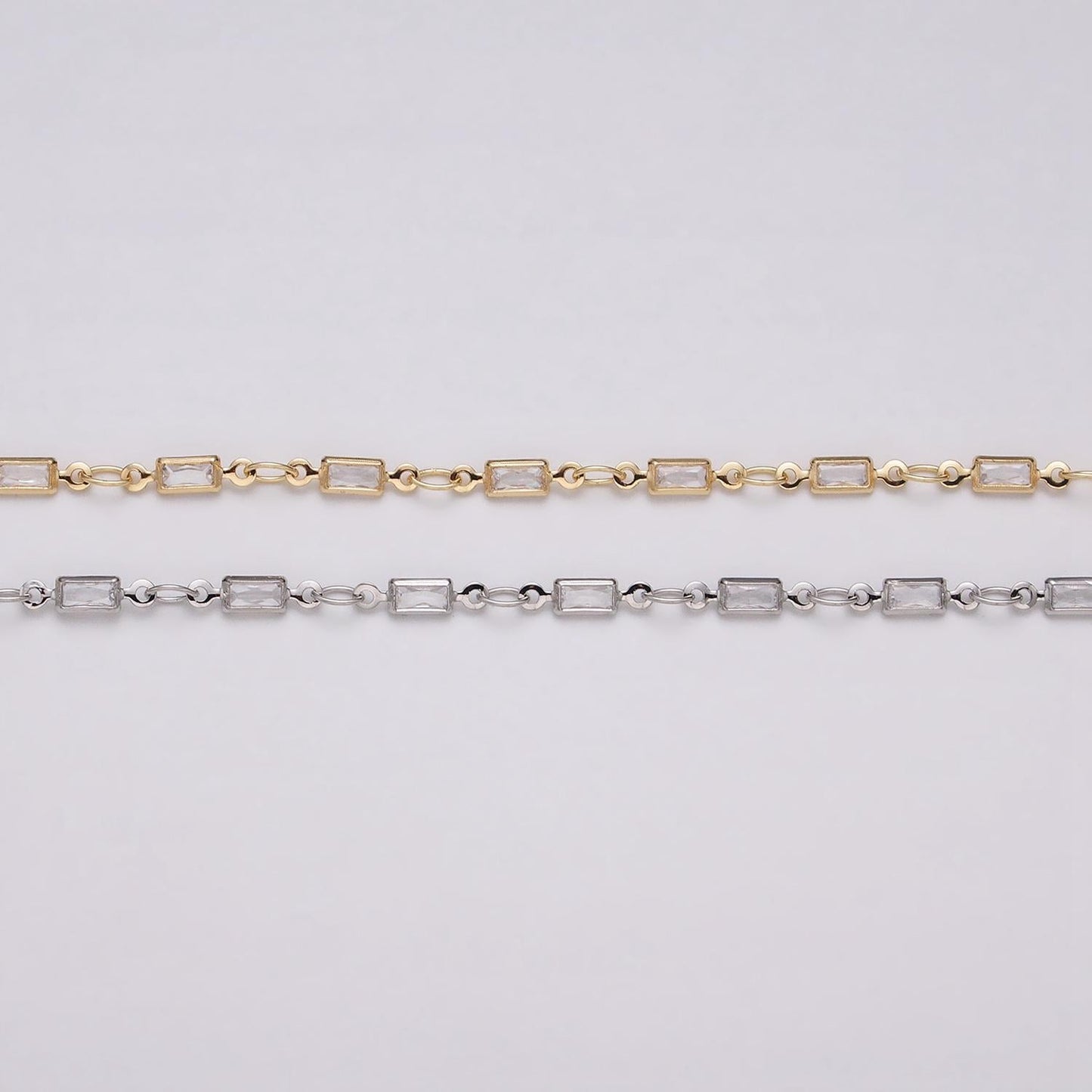 16K Gold Filled 2.5mm CZ Clear Baguette Cable Link Designed Unfinished Chain in Gold & Silver | ROLL-1340 ROLL-1375