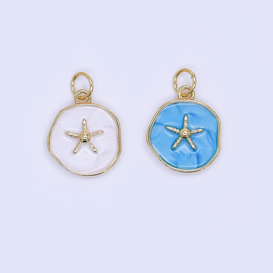 Enamel gold starfish Beach Charm medallion round charm for jewelry making | AF-527