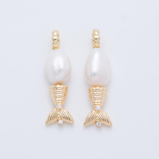 Handcrafted 18K Gold Filled White Shell Pearl Fish Charm Drop Dangle Pendant | AF-618