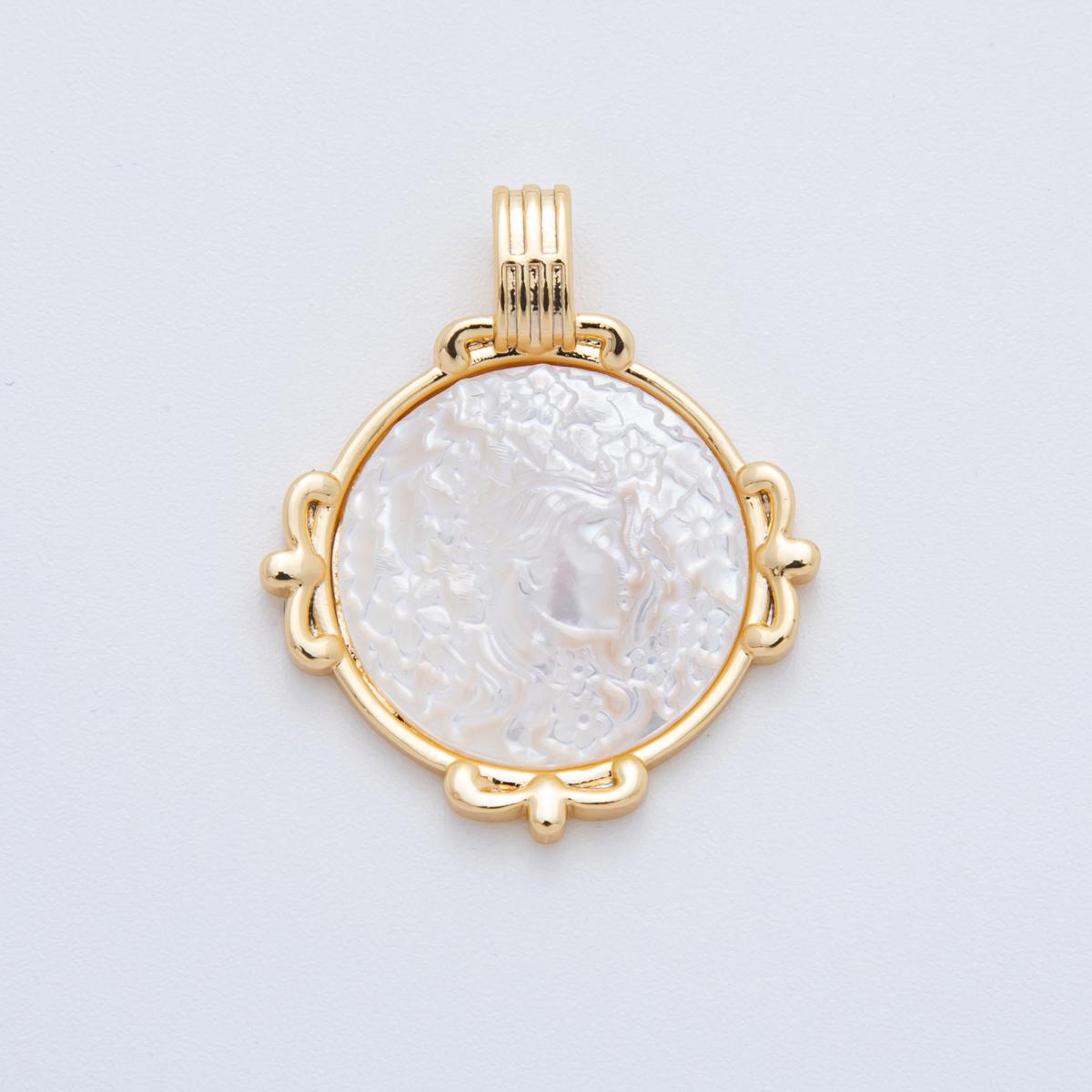 18K Gold Filled Women Lady Face Portrait Cameo Nautical Floral Natural Abalone Pearl Bezel Round Charm | AF-831