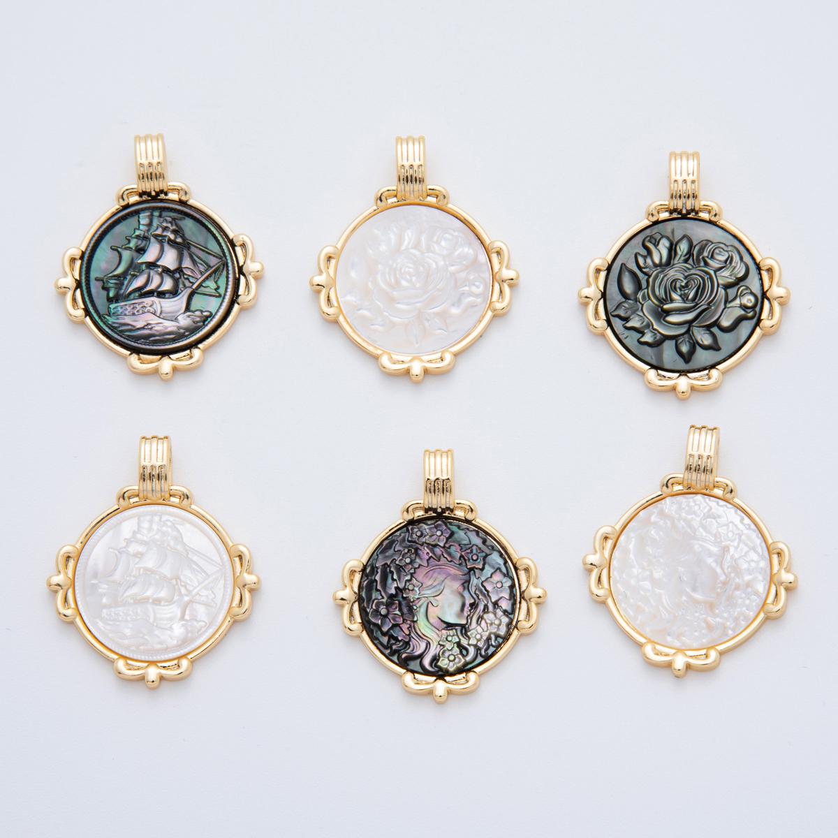 18K Gold Filled Women Lady Face Portrait Cameo Nautical Floral Natural Abalone Pearl Bezel Round Charm | AF-831