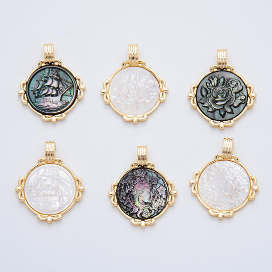 18K Gold Filled Women Lady Face Portrait Cameo Nautical Floral Natural Abalone Pearl Bezel Round Charm | AF-831