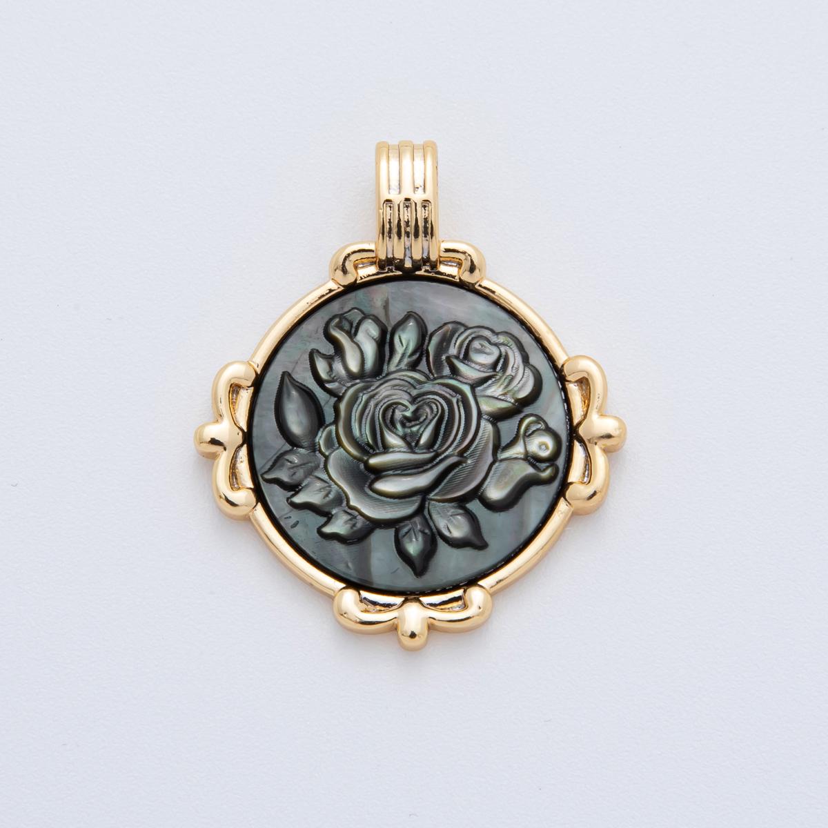 18K Gold Filled Women Lady Face Portrait Cameo Nautical Floral Natural Abalone Pearl Bezel Round Charm | AF-831