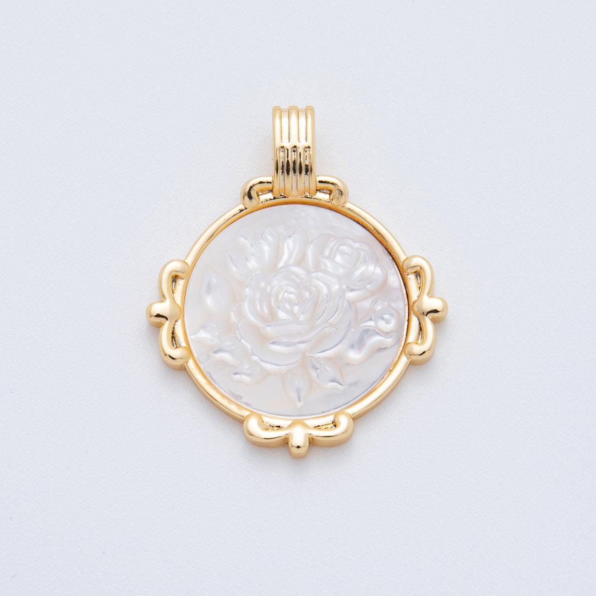 18K Gold Filled Women Lady Face Portrait Cameo Nautical Floral Natural Abalone Pearl Bezel Round Charm | AF-831