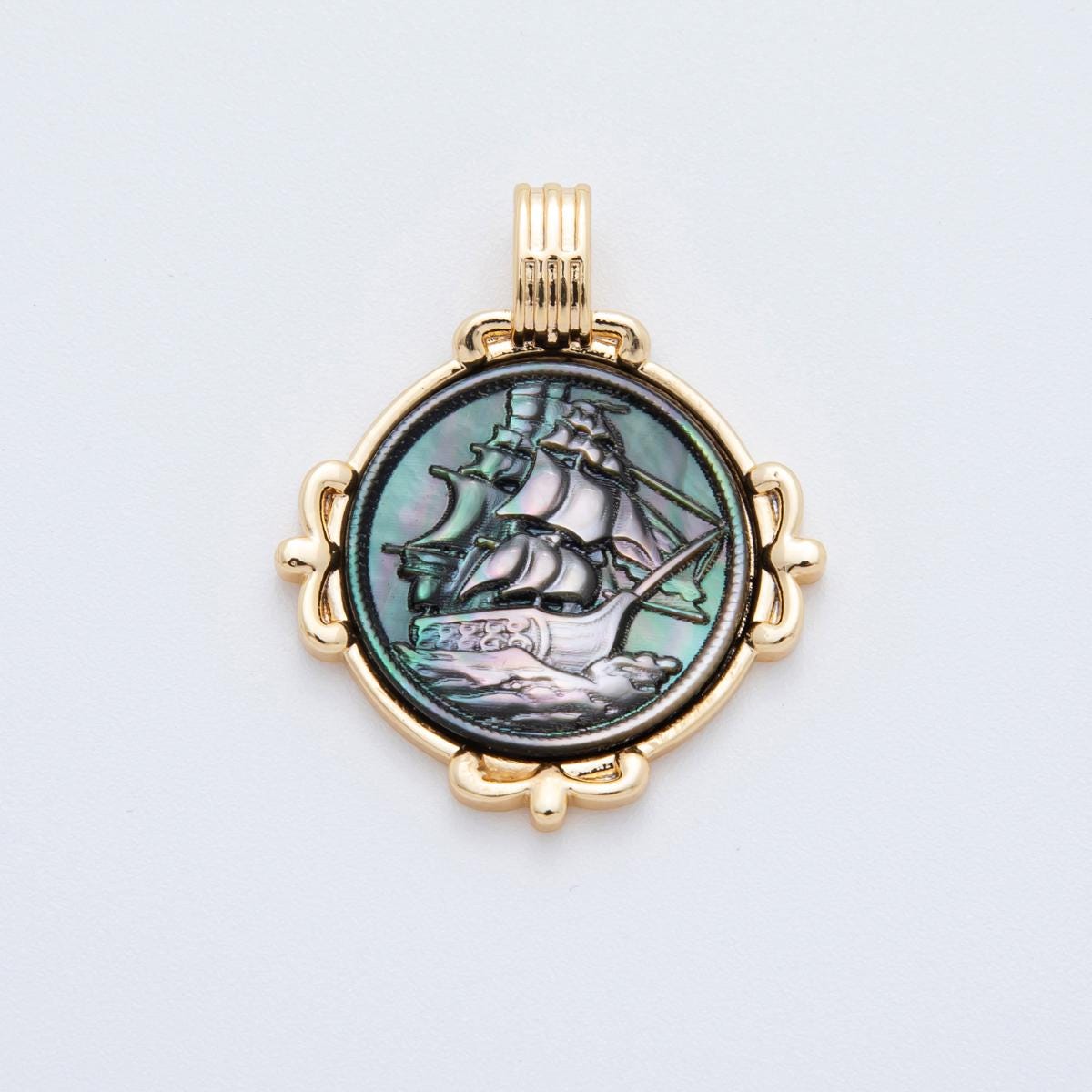 18K Gold Filled Women Lady Face Portrait Cameo Nautical Floral Natural Abalone Pearl Bezel Round Charm | AF-831