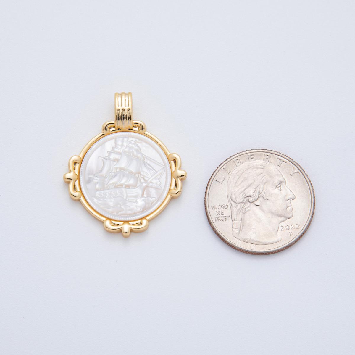 18K Gold Filled Women Lady Face Portrait Cameo Nautical Floral Natural Abalone Pearl Bezel Round Charm | AF-831
