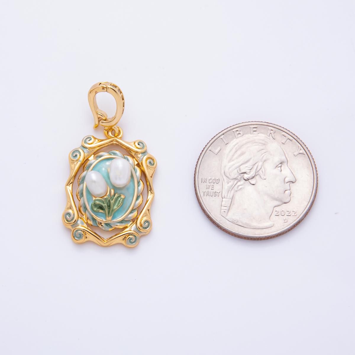 18K Gold Filled Tulip Pendant Artsy Flower Pearl Charm with Decorative Bezel | AH-811
