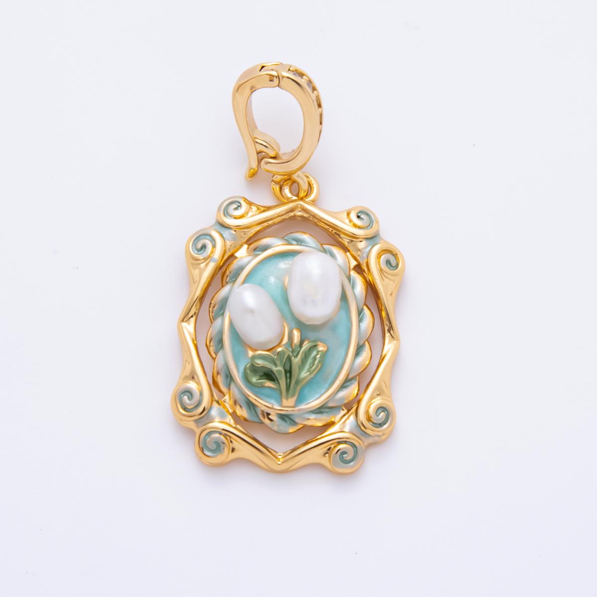 18K Gold Filled Tulip Pendant Artsy Flower Pearl Charm with Decorative Bezel | AH-811